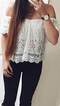 Strapless Off-shoulder Lace Hollow Out Casual Short Sleeves Blouse - Oh Yours Fashion - 2