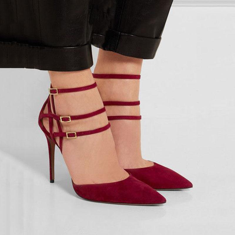 Wine Red Suede Buckles Pointed Toe High Heel Sandals
