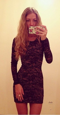 Pure Color Hollow Out Lace Long Sleeves Slim Scoop Short Dress - OhYoursFashion - 3