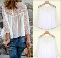 Lace Chiffon Patchwork Long Sleeves Loose Transparent Blouse - OhYoursFashion - 1