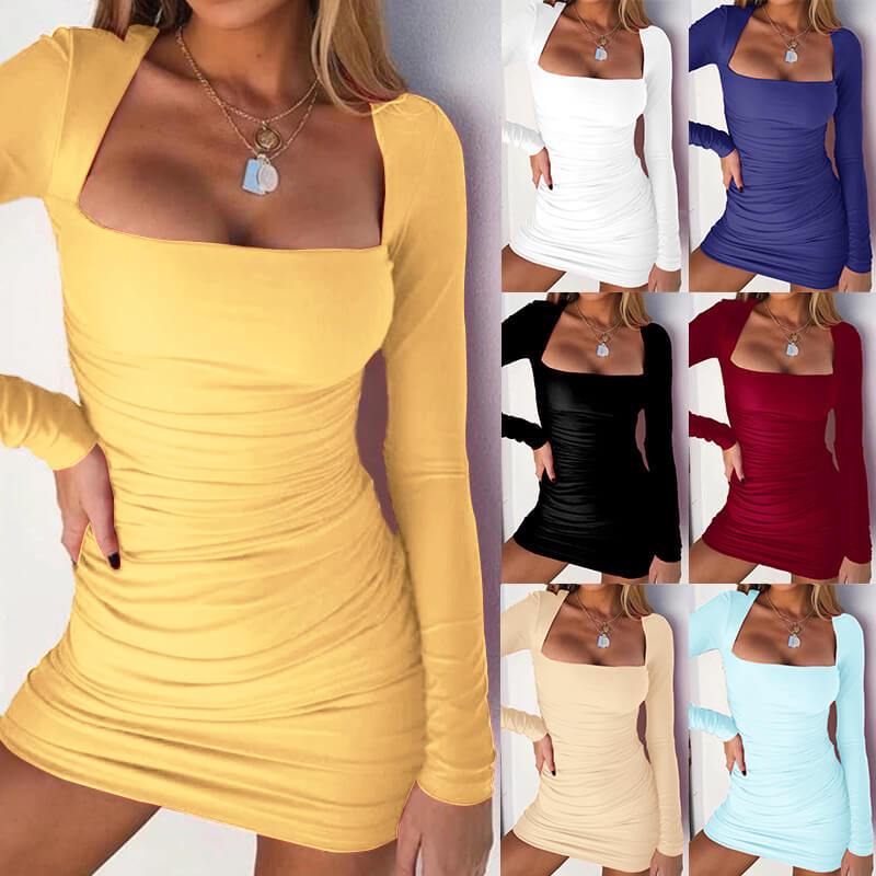 Square Neck Long Sleeve Ruched Bodycon Dress