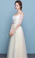 Off Shoulder Half Sleeves Flowers Long Pleated Party Bridesmaid Dress