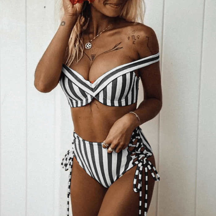 Stripes Bandeau Off Shoulder High Rise Triangle Bikinis