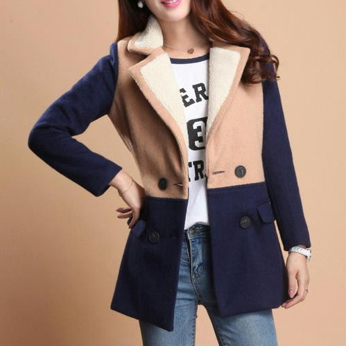 Lamb Wool Turn-down Collar Double Button Patchwork Mid-length Coat - Oh Yours Fashion - 1