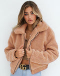 Lapel Zipper Solid Color Women Cropped Faux Fur Teddy Coat