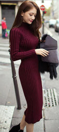 Fashion Ribbed High Neck Long Sleeve Knit Long Sweater - Oh Yours Fashion - 2