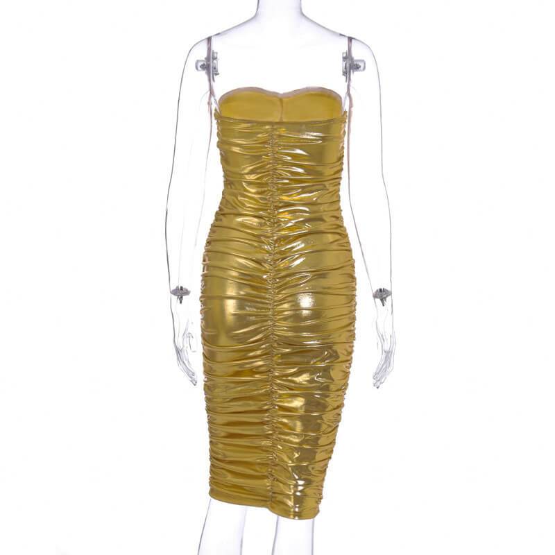 Metallic Ruched Tube Midi Dress