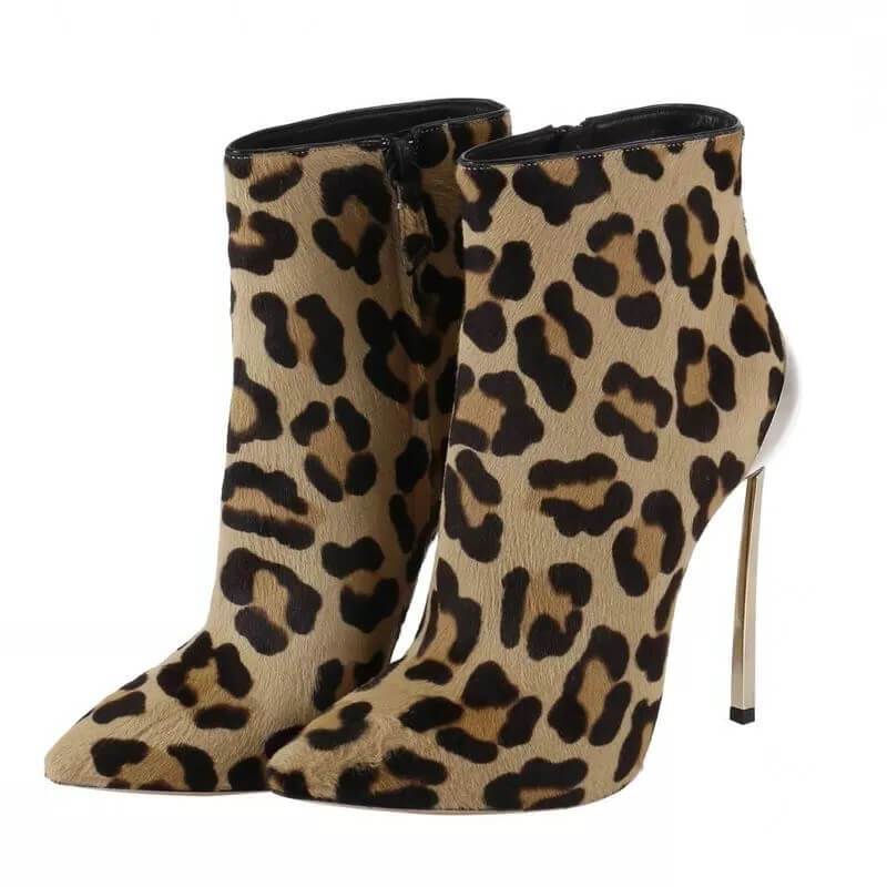 Leopard Leather High Heel Pointed Ankle Boots