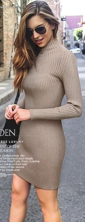 High Neck Bodycon Knitting Sweater Dress - Oh Yours Fashion - 2