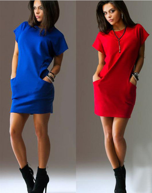 Short Sleeves Solid Color Scoop Short Dress with Pocket - OhYoursFashion - 2