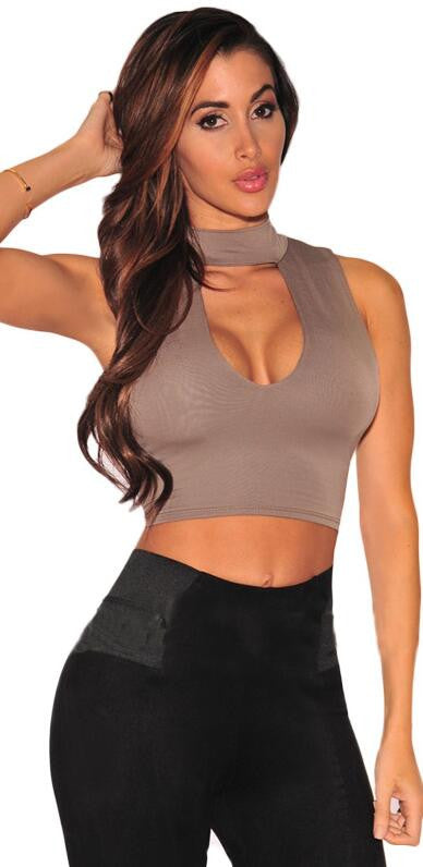 Sexy Sleeveless Hollow Out Pure Color High Neck Crop Top - Oh Yours Fashion - 1