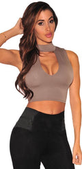 Sexy Sleeveless Hollow Out Pure Color High Neck Crop Top - Oh Yours Fashion - 2