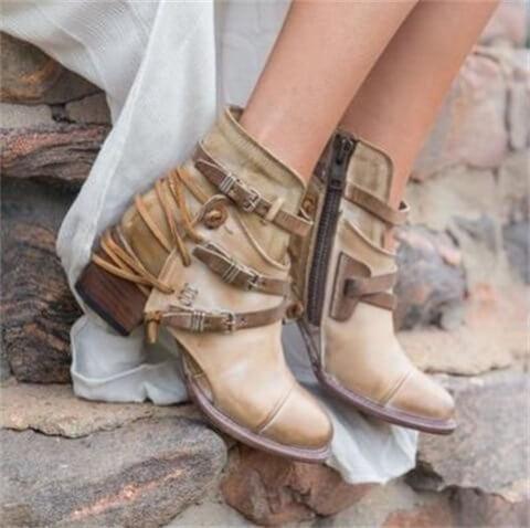 Vintage Zipper Buckled Leather Ankle Boots