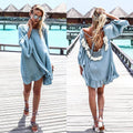 Blue Loose Backless Short Beach Dress