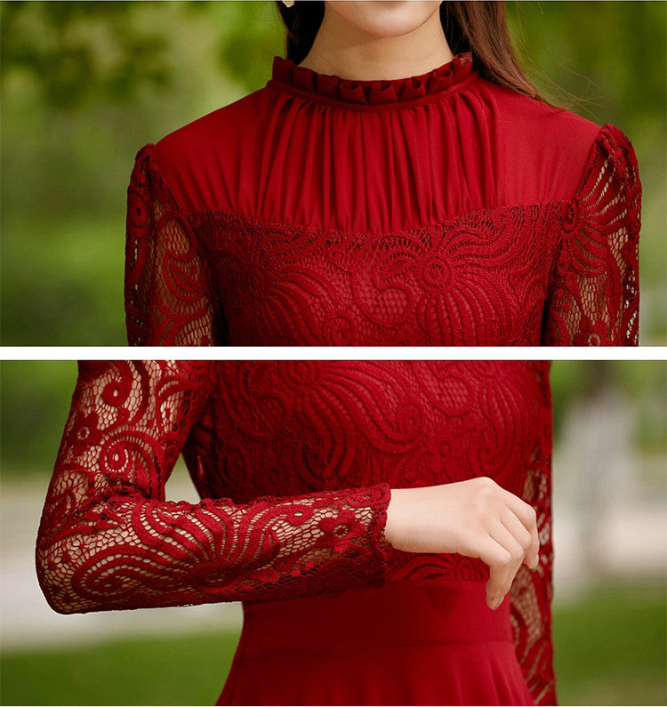 Charming Long Lace Sleeves Pleated Chiffon Long Red Maxi Dress - O Yours Fashion - 5