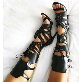 Black Lace Up Leather Cross Strap Sandals