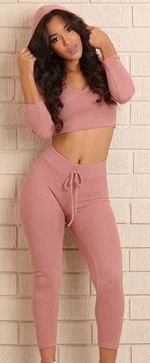 Hooded Crop Top Slim Pant Pure Color Two Pieces Set - Oh Yours Fashion - 2