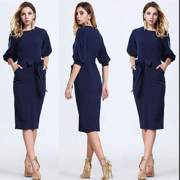Royal Blue Office Knee-length Belt Dress - Oh Yours Fashion - 1