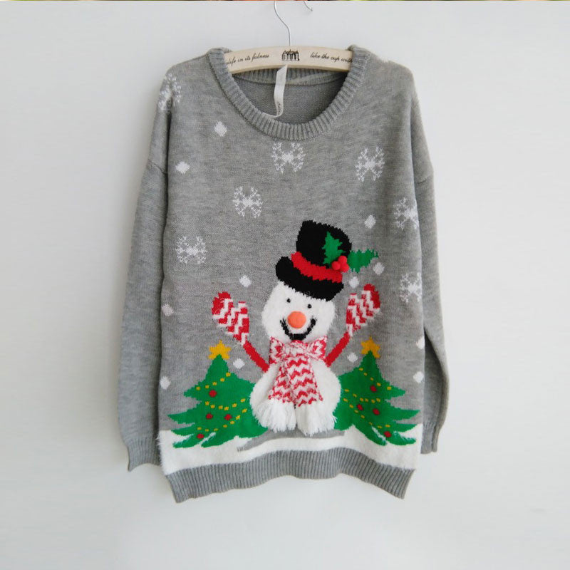 Fashion Christmas Tree Snowman Round Collar Knit Sweater - Oh Yours Fashion - 1