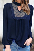 Scoop Pure Color Lace Chiffon Patchwork Long Sleeves Blouse