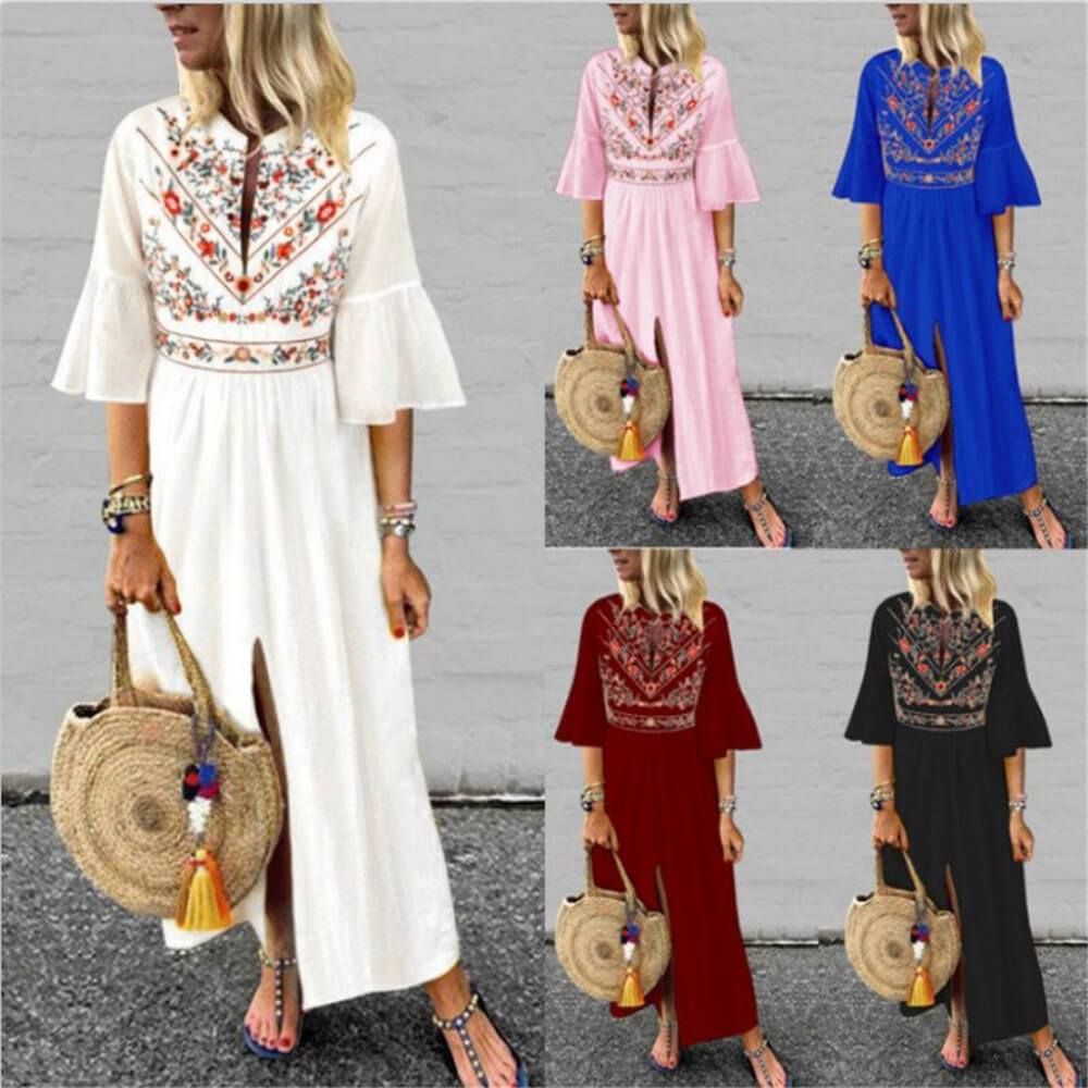 Retro Embroidered Loose Ankle Length Beach Dress