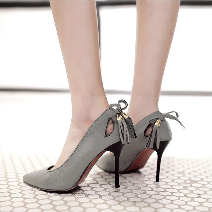 Pointed Toe Hollow Out Low Cut Tassels Stiletto High Heels Party Shoes