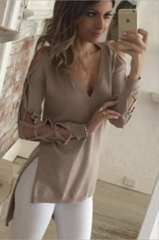 Deep V-neck Long Sleeves Hollow Out Irregular Blouse - OhYoursFashion - 1