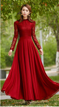 Charming Long Lace Sleeves Pleated Chiffon Long Red Maxi Dress - O Yours Fashion - 4