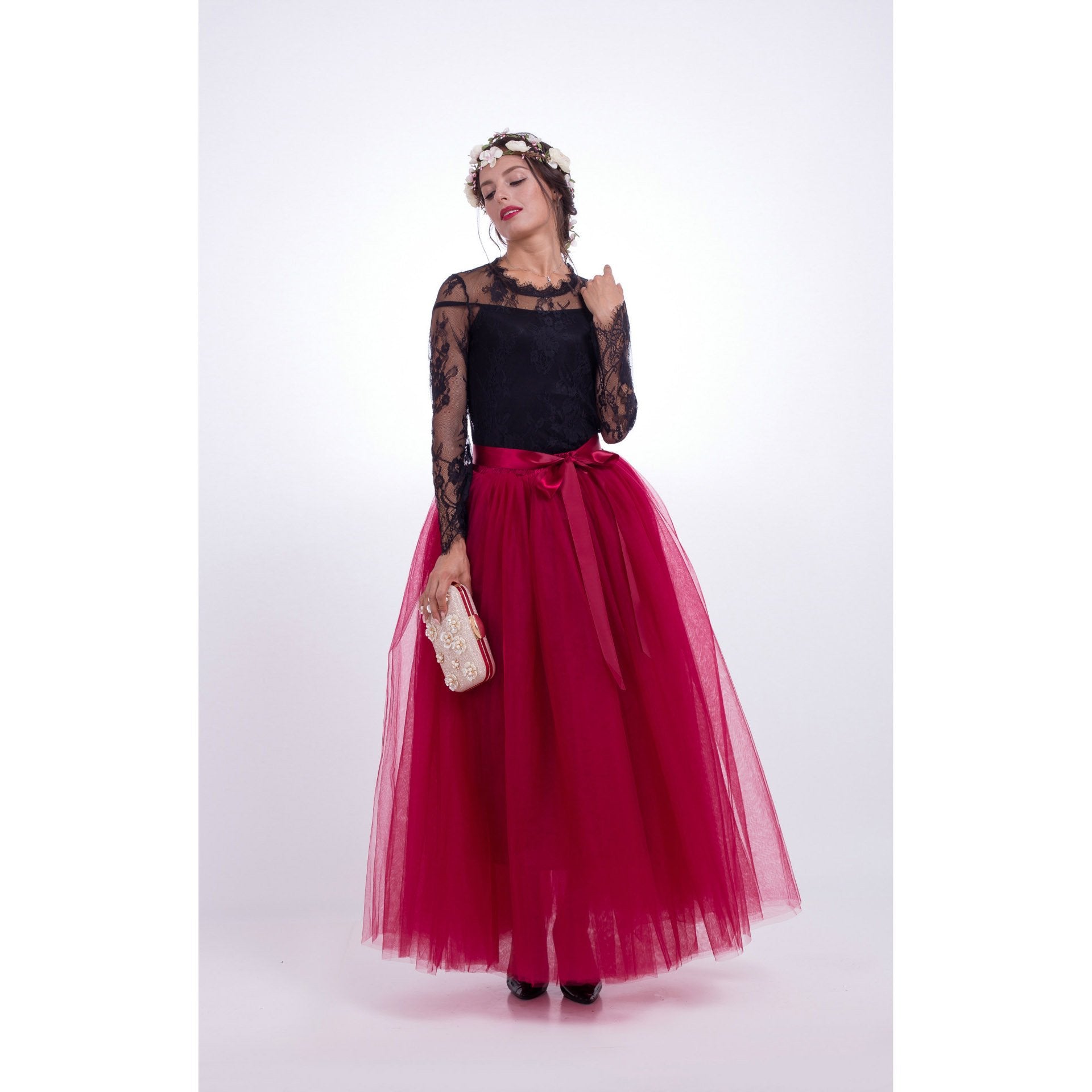 Tulle High Waist Pure Color Loose Swing Long Prom Party Skirt
