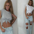 Bare Midriff Bowknot Short Sleeves Scoop Top T-shirt - OhYoursFashion - 1