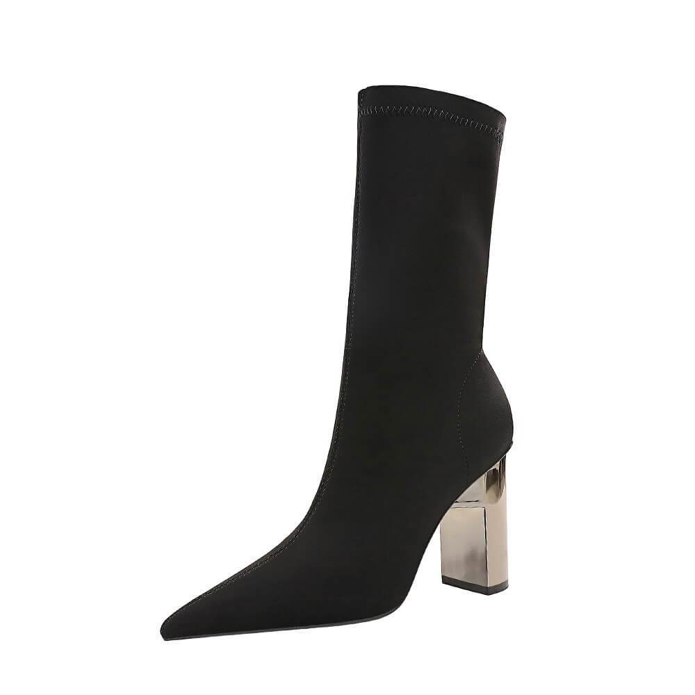 Sexy Point Toe Stretch Lycra High Chunky Heel Calf Boots