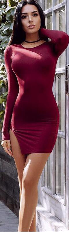 Sexy Side Slit Long Sleeve Scoop Bodycon Short Dress - Oh Yours Fashion - 2
