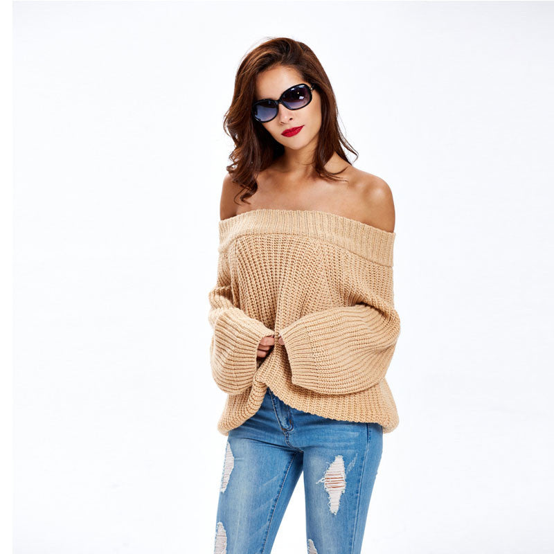 Pure Color Off Shoulder Loose Pullover Sweater - Oh Yours Fashion - 3