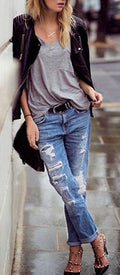 Beggar Style Holes Ripped Frayed Loose Long Jeans - Oh Yours Fashion - 2