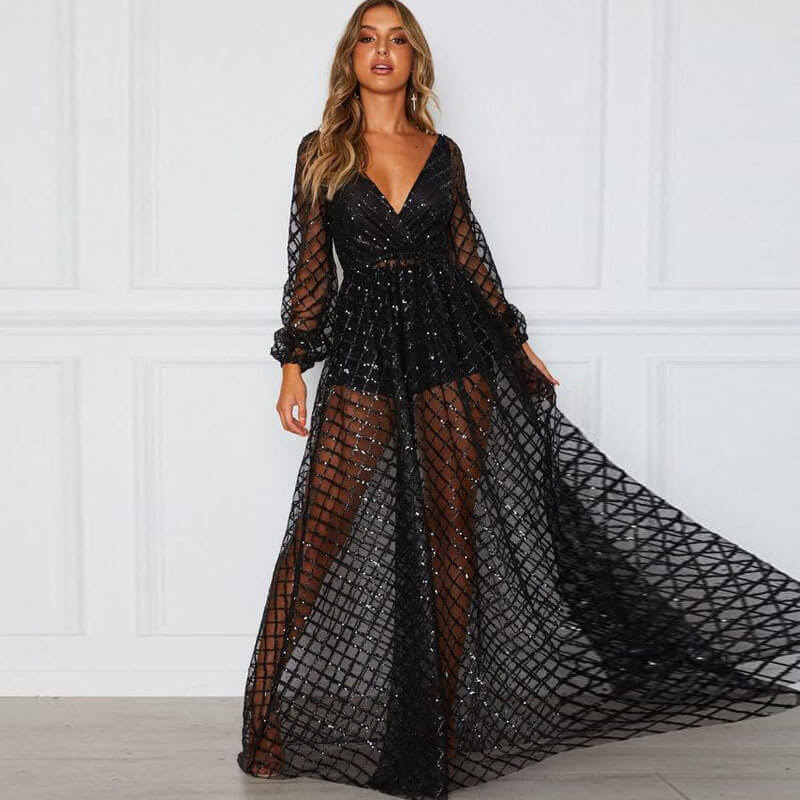 See Through Long Sleeve Sequin Maxi Dress