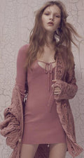 Knit Low Cut Scoop Neck Short Lace Up Long Sleeve Bodycon Dress - Oh Yours Fashion - 2