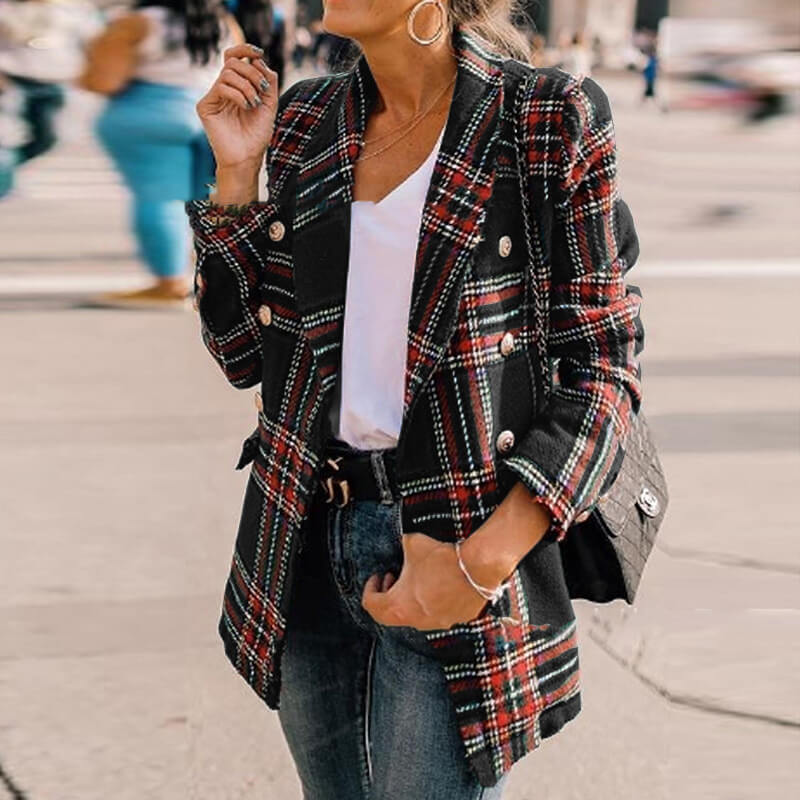 Lapel Plaid Double Breasted Coat