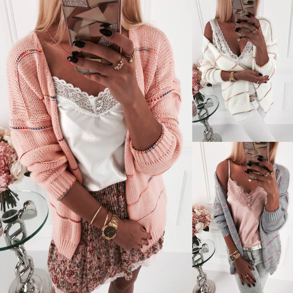 Open Front Patchwork Knit Cardigan Sweater
