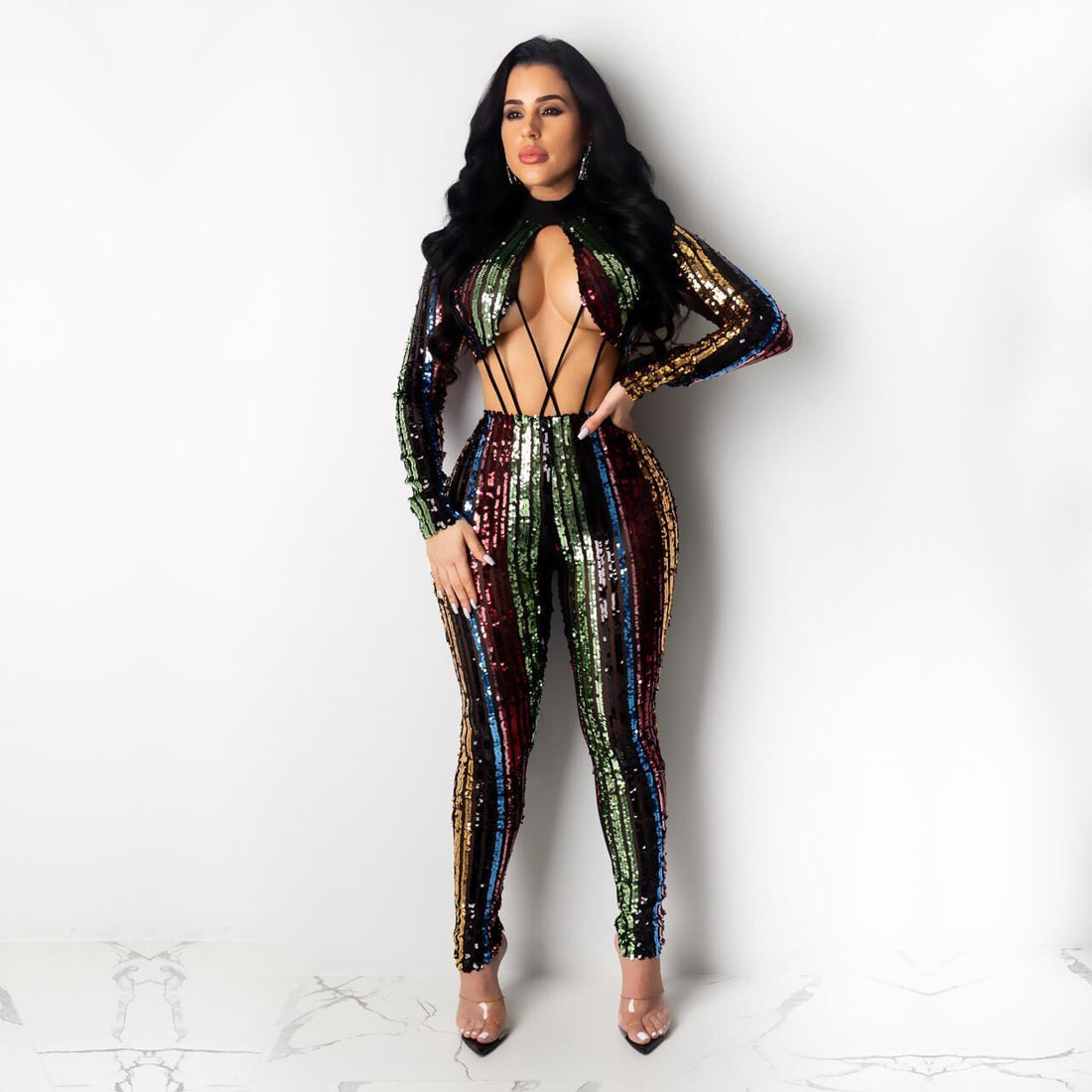 Party Long Sleeves Glitter Cutout Bodycon Skinny Jumpsuits