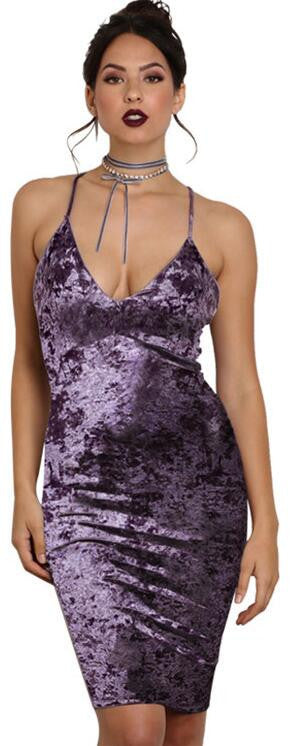 Elegant Purple Spaghetti Strap Velvet Backless Knee-Length Dress - Oh Yours Fashion - 2