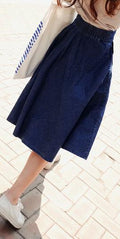 A-line Flared Pleated Slim Denim Middle Skirt - Oh Yours Fashion - 2