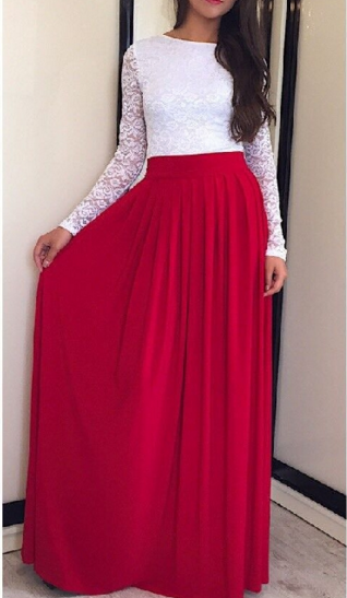 Lace High-waist Long Sleeves Pleated Splicing Long Dress - Oh Yours Fashion - 1