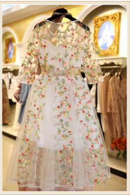 Scoop Mesh Embroidery Half Sleeves Tee-length Dress