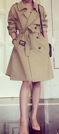 Turn-down Collar Belt Slim Double Button Mid-length Coat - OhYoursFashion - 1