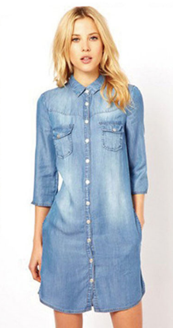 Turn-down Collar 1/2 Sleeves Plus Size Long Denim Blouse - Oh Yours Fashion - 1