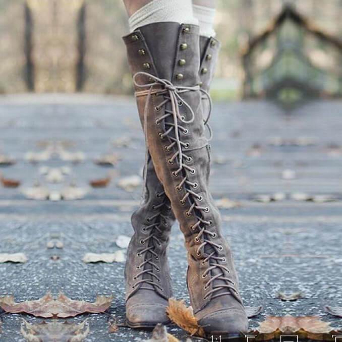 Retro Cross Strap Flat Lace Up Knee High Boots