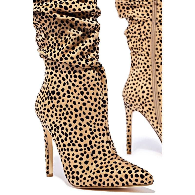 Suede Print Point Toe High Heel Knee High Boots