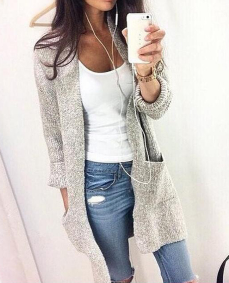 Fashion Long Cardigan Splicing Solid Color Sweater - OhYoursFashion - 1