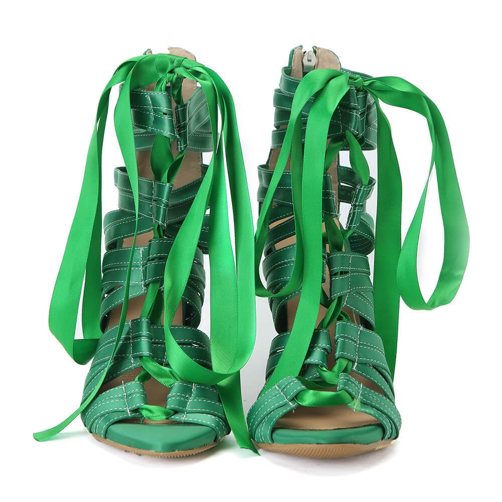 Green Strap Lace Up Cutout Sandals