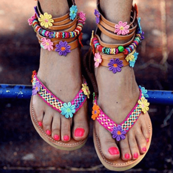 Summer Leather Thong Flat Floral Sandals